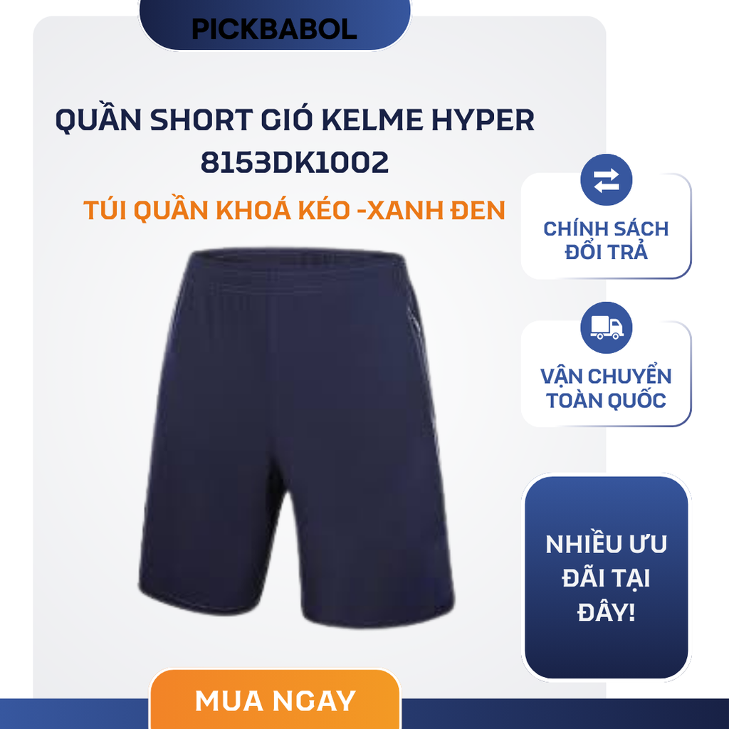 Quần Short Gió Kelme Hyper 8153DK1002 Túi Quần Khoá Kéo -Xanh Đen 