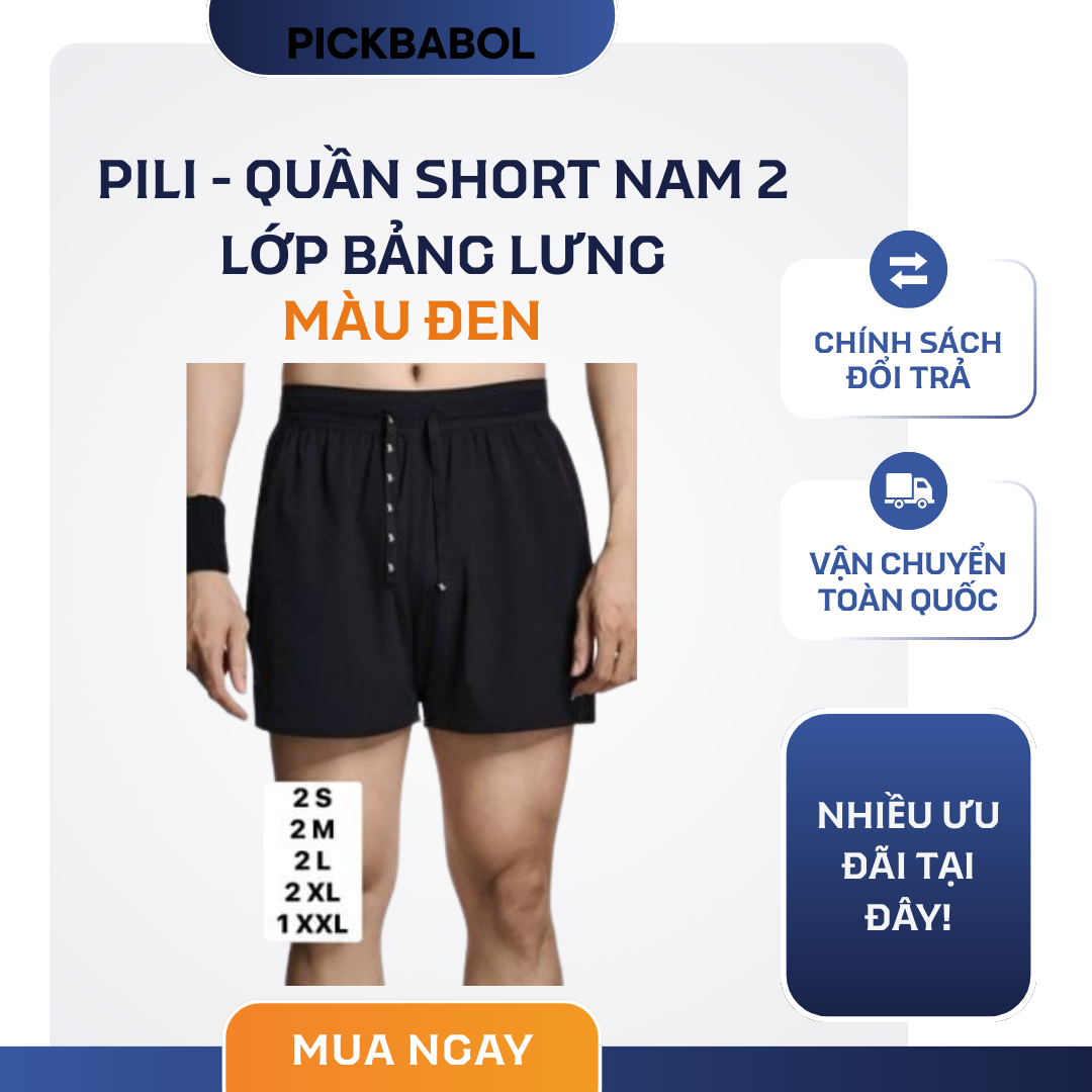  Pili - Quần Short Nam 2 lớp bảng lưng - Đen 