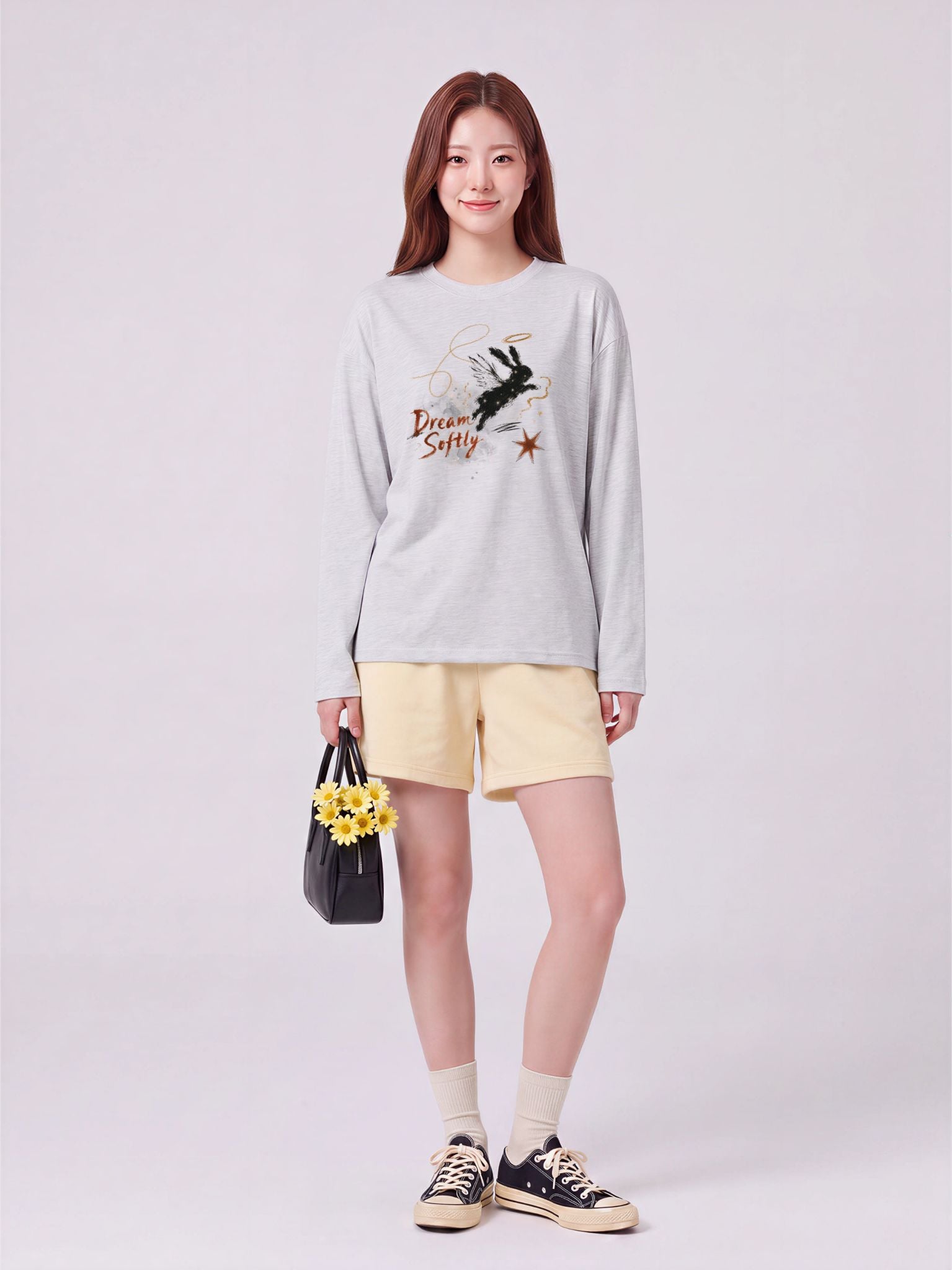 Áo Thun Nữ Tay Dài Slub Cotton Graphic Tee LIMEORANGE - Xám Melan Nhạt