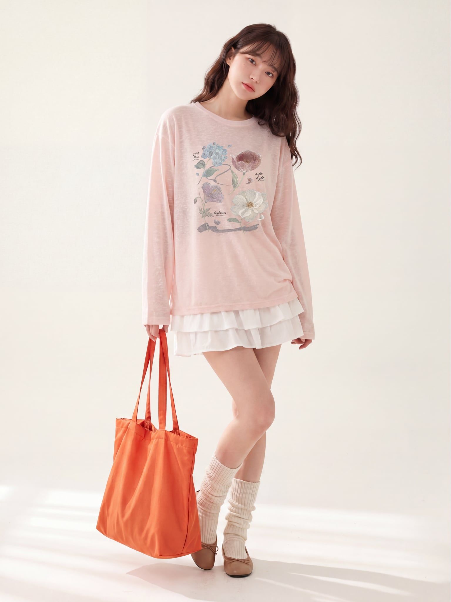 Áo Thun Nữ Tay Dài Slub Cotton Graphic Tee LIMEORANGE - Cam Sữa