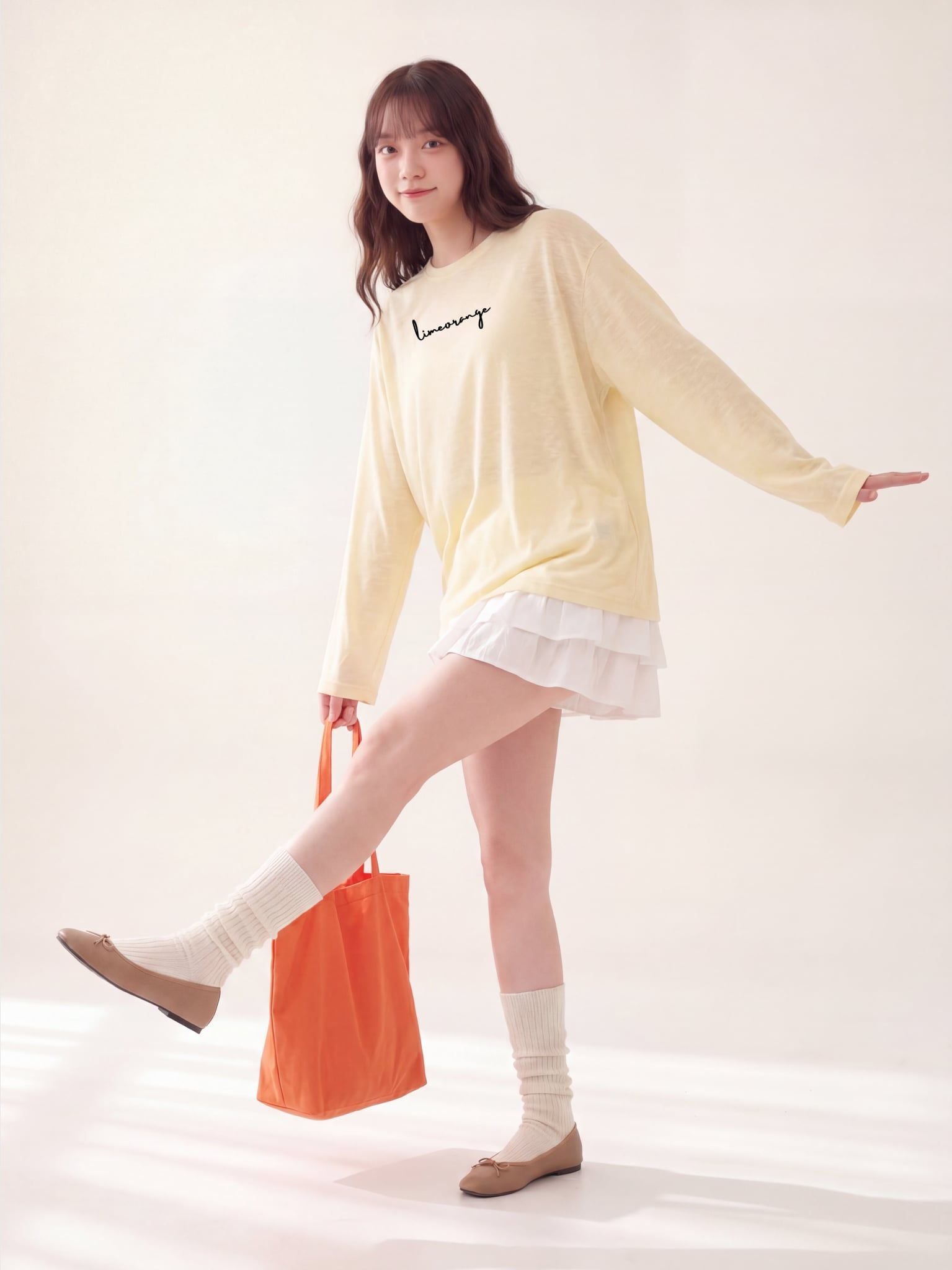 Áo Thun Nữ Tay Dài Slub Cotton LIMEORANGE - Vàng nhạt