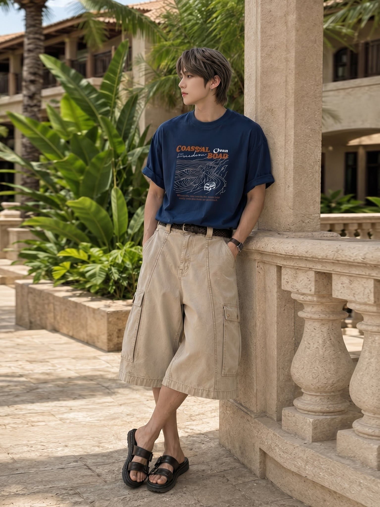 Áo Thun Nam Oversize Graphic Coastal Road LIMEORANGE - Xanh Navy