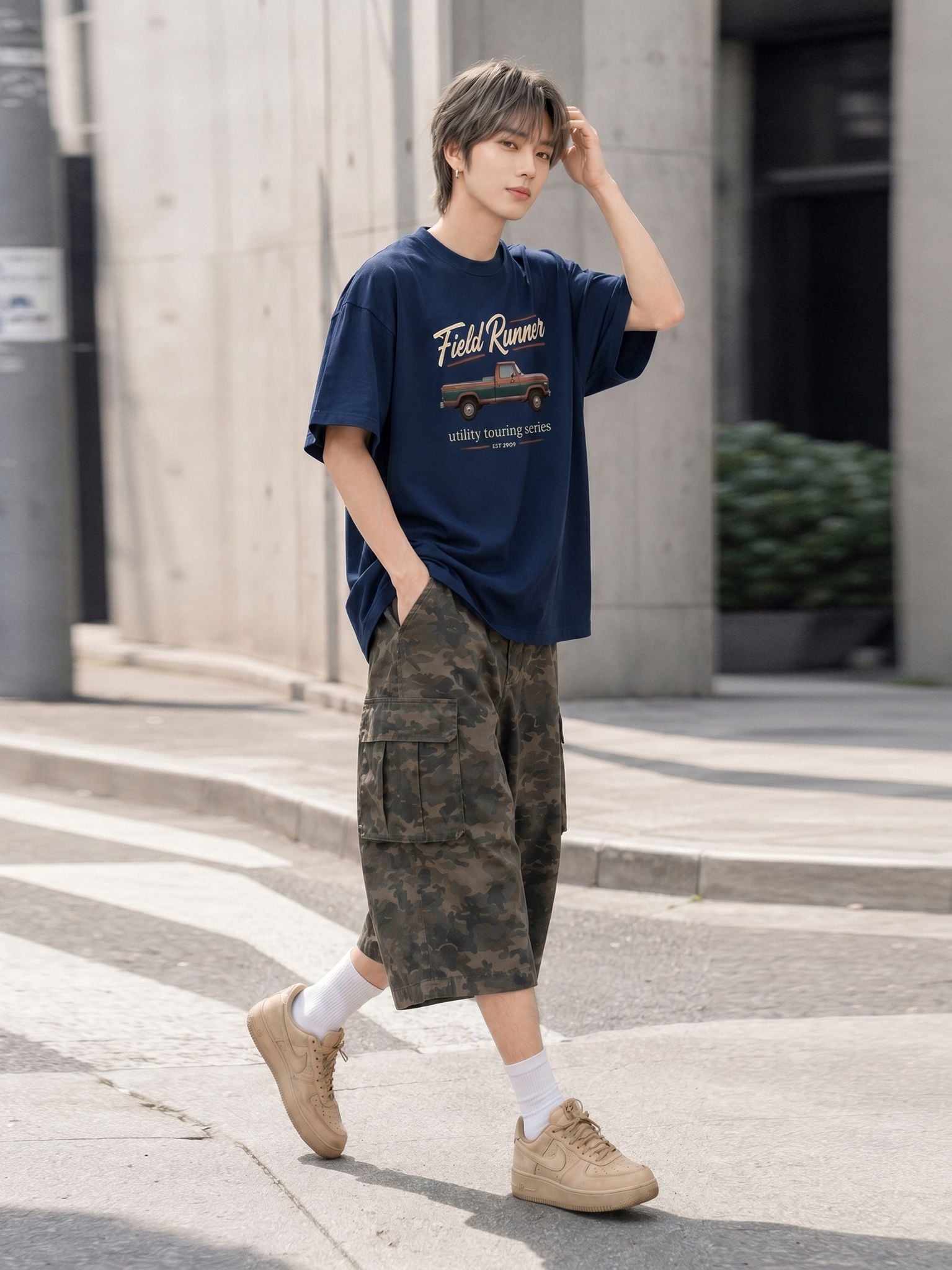 Áo Thun Nam Oversize Graphic Field Runner LIMEORANGE - Xanh Navy