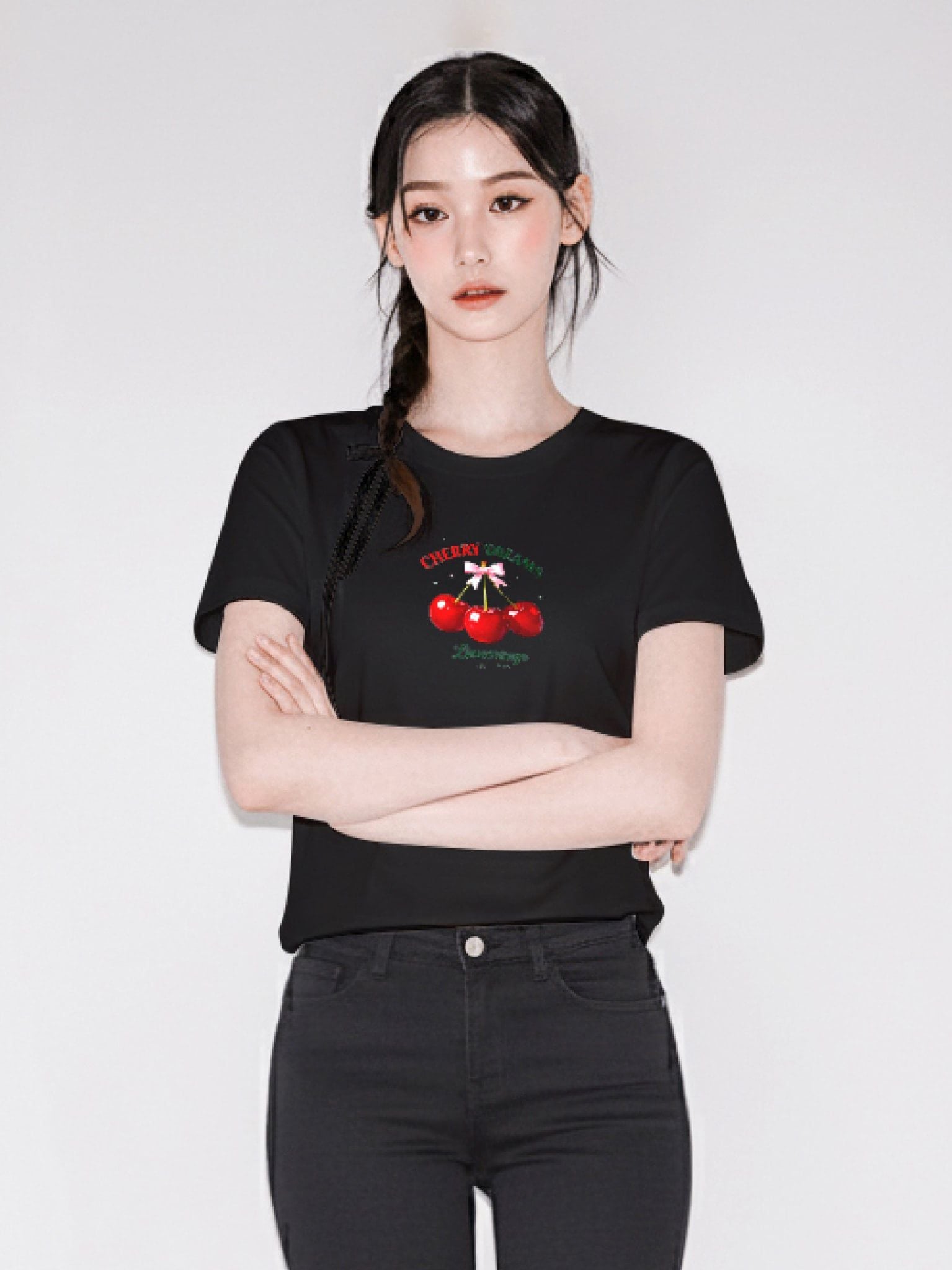 Áo thun hình in phom Baby Tee - Cherry Dreams Collection - Đen