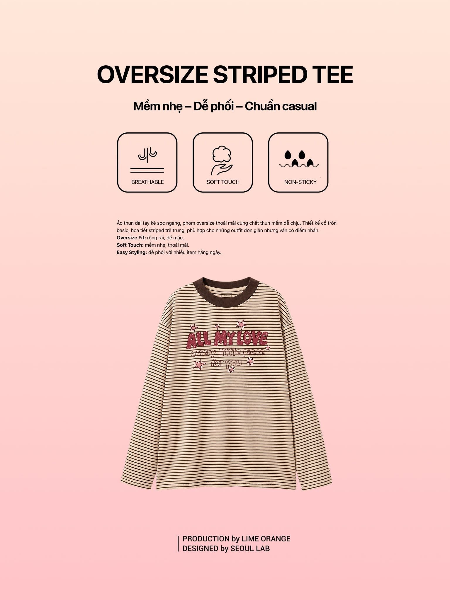 Áo Thun Tay Dài Pique Stripe Graphic All My Love LIMEORANGE