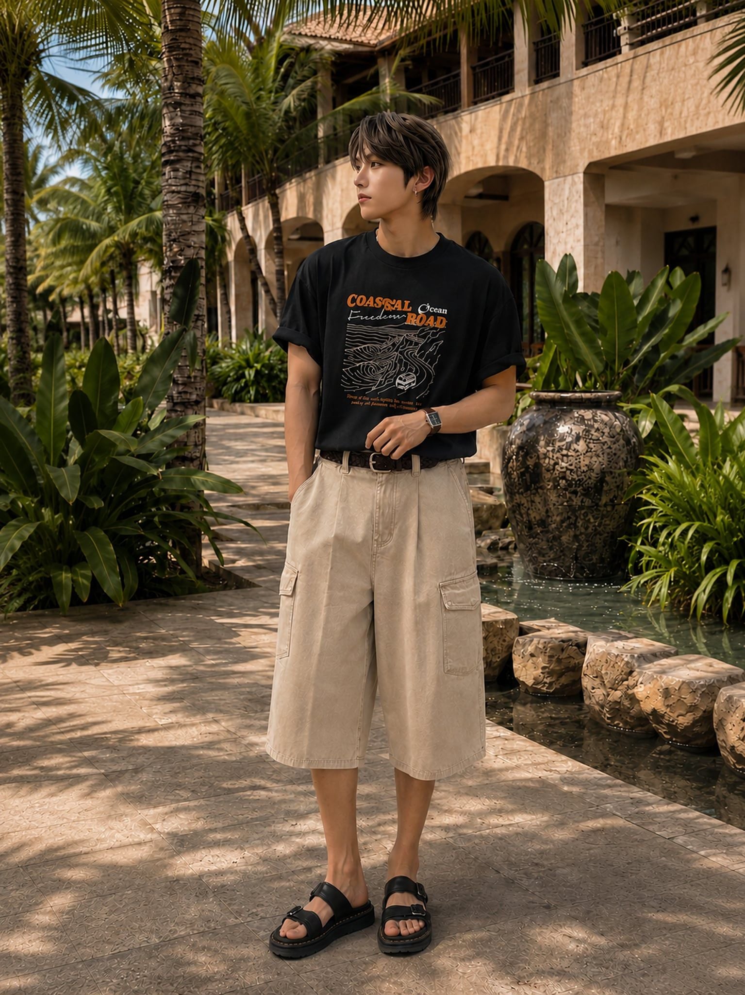 Áo Thun Nam Oversize Graphic Coastal Road LIMEORANGE - Đen