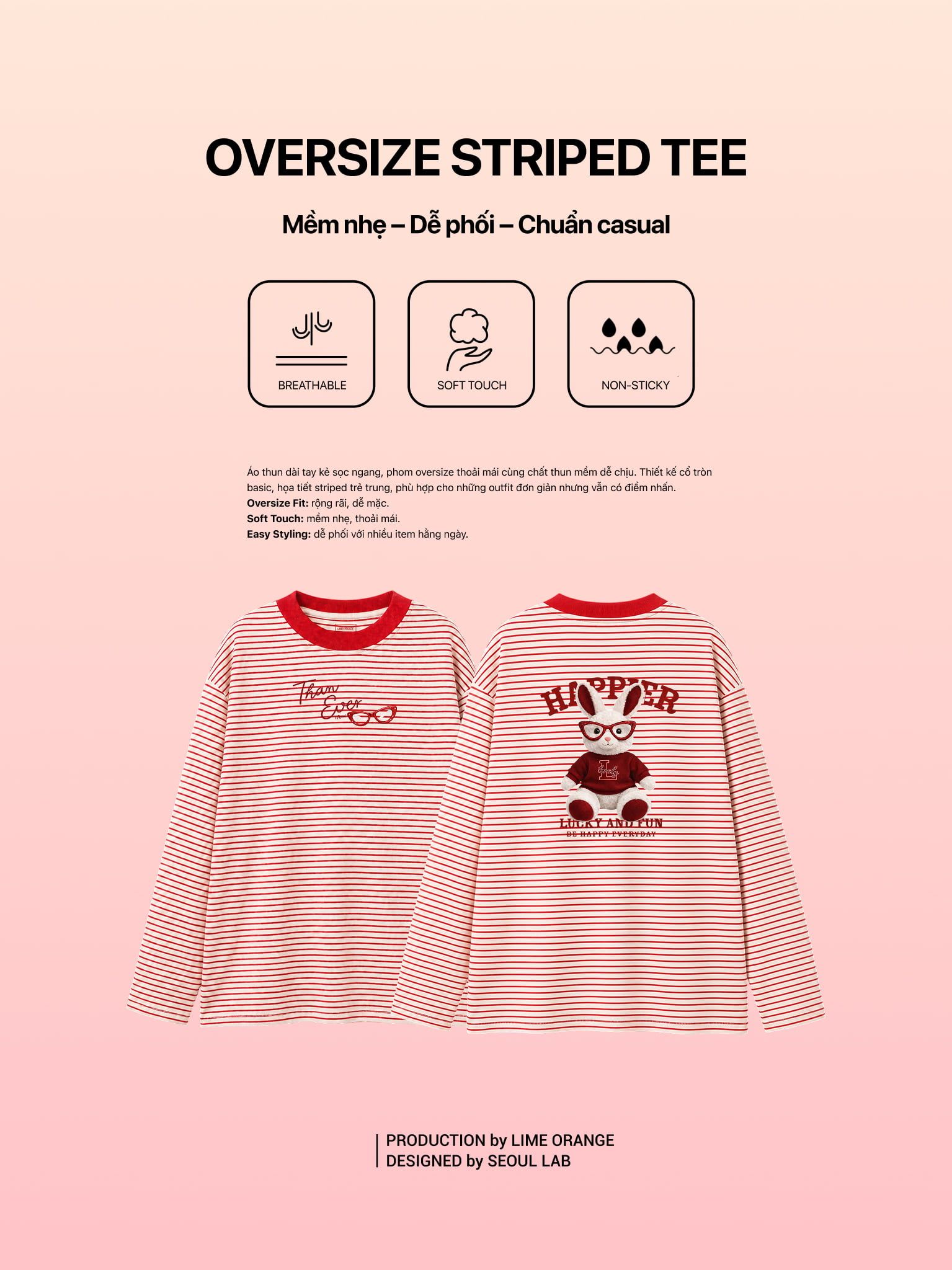 Áo Thun Tay Dài Pique Stripe Graphic Bunny LIMEORANGE