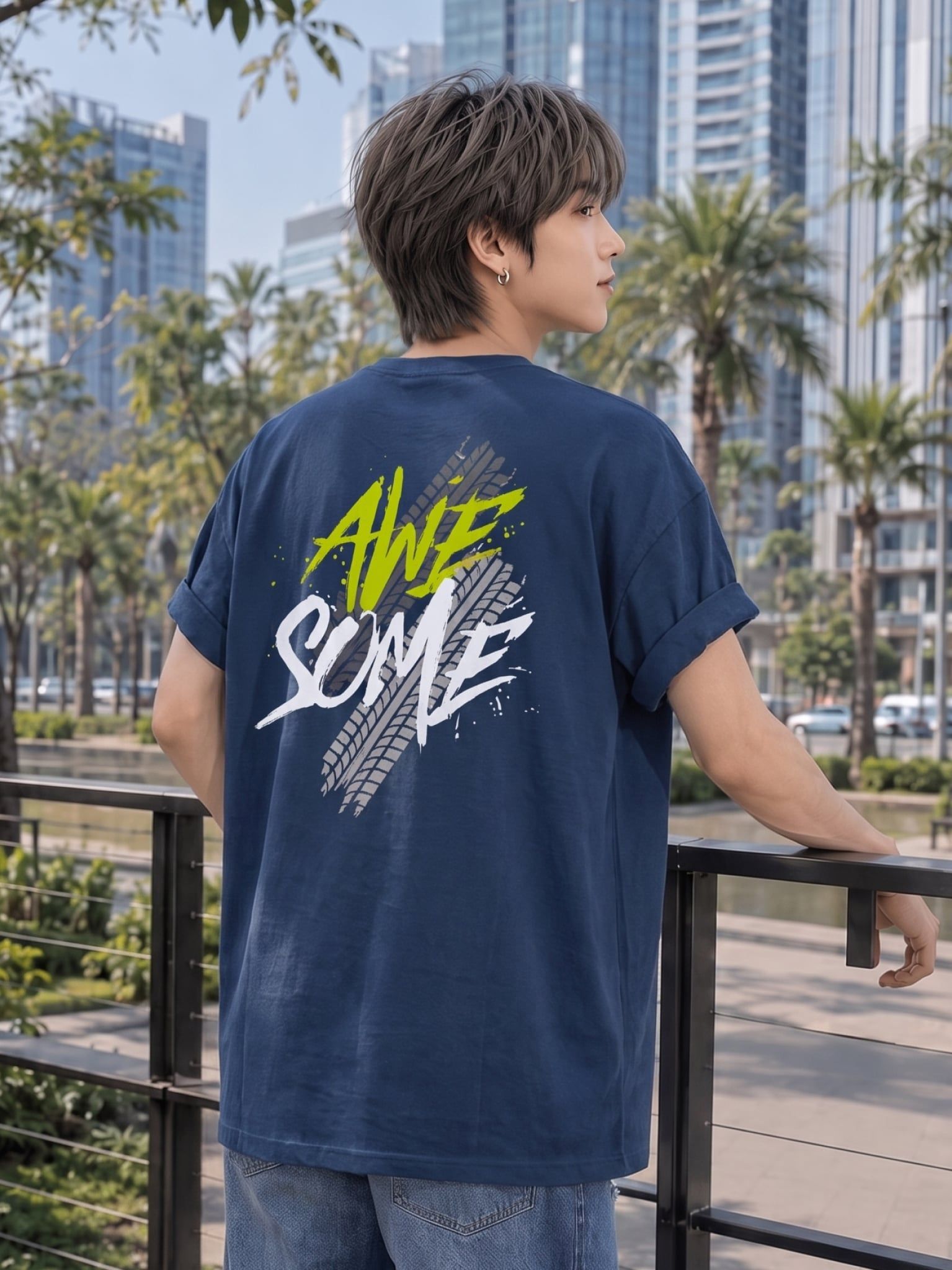 Áo Thun Nam Oversize Graphic AWESOME LIMEORANGE - Xanh Navy