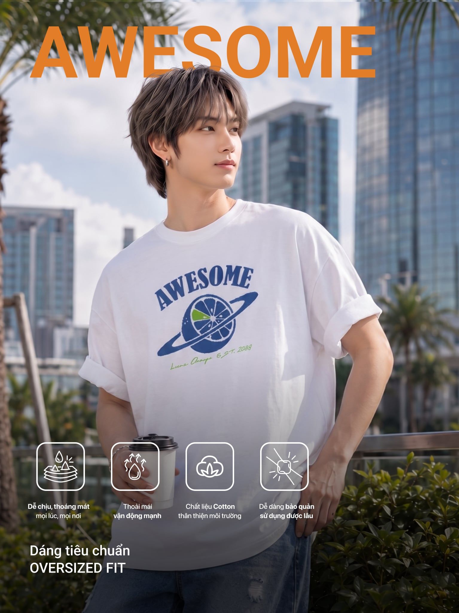 Áo Thun Nam Oversize Graphic AWESOME LIMEORANGE