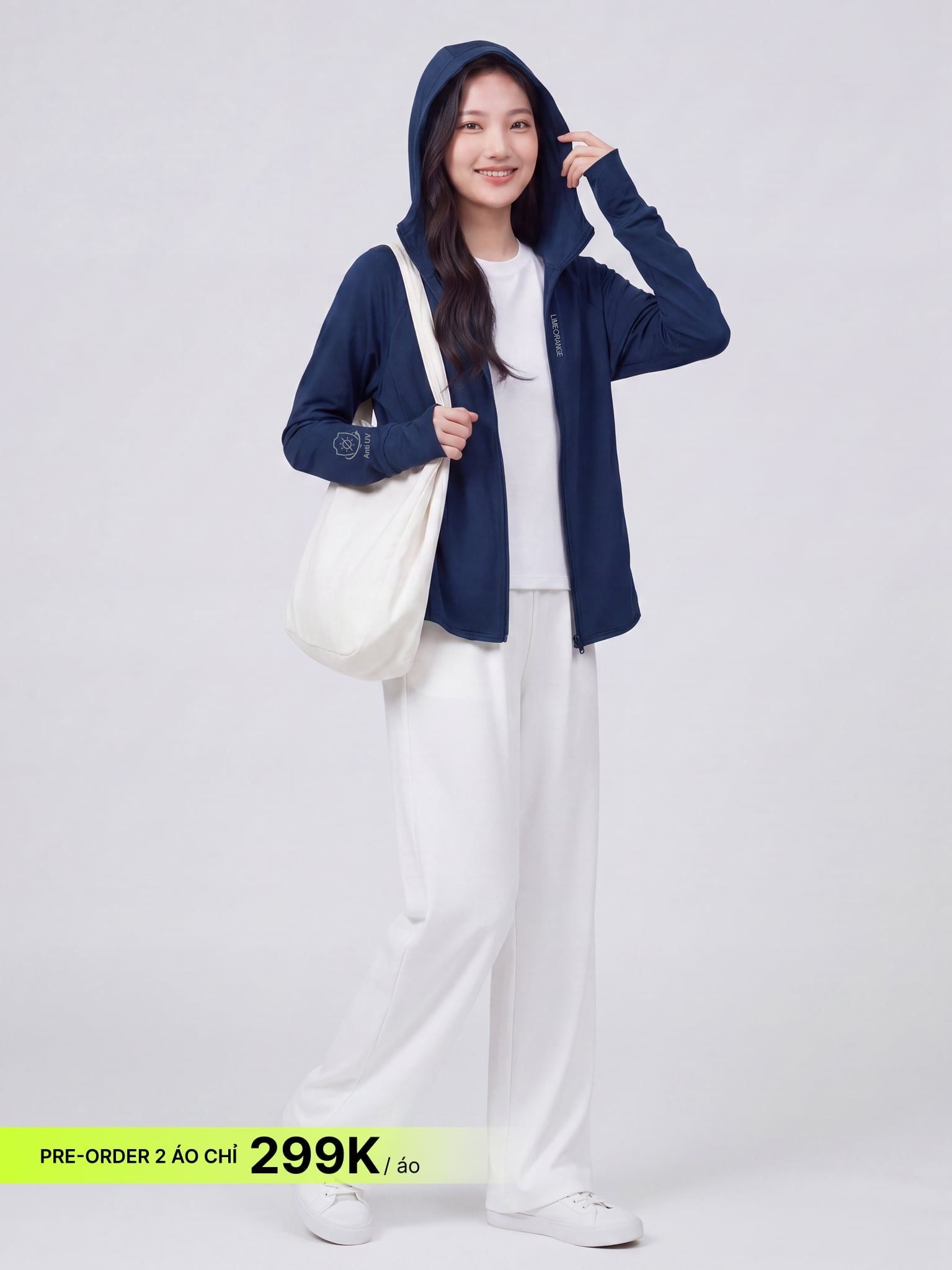 [PRE-ORDER] Áo Khoác Nữ Cánh Dơi UV Cool Lite Hoodie 2 Thun Lạnh Chống Tia UV LIMEORANGE - Xanh Navy