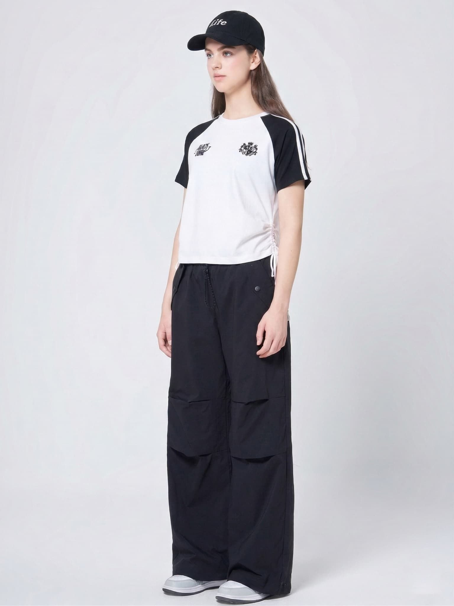 Áo thun phối tay ngắn dây rút bên hông LIMEORANGE - LO24291402 - Đen