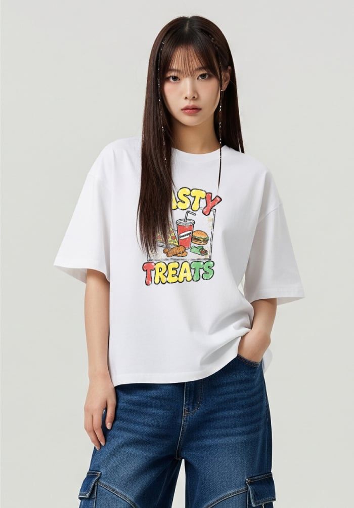 Áo thun hình in phom Boxy - Retro vibes T-shirt - Trắng