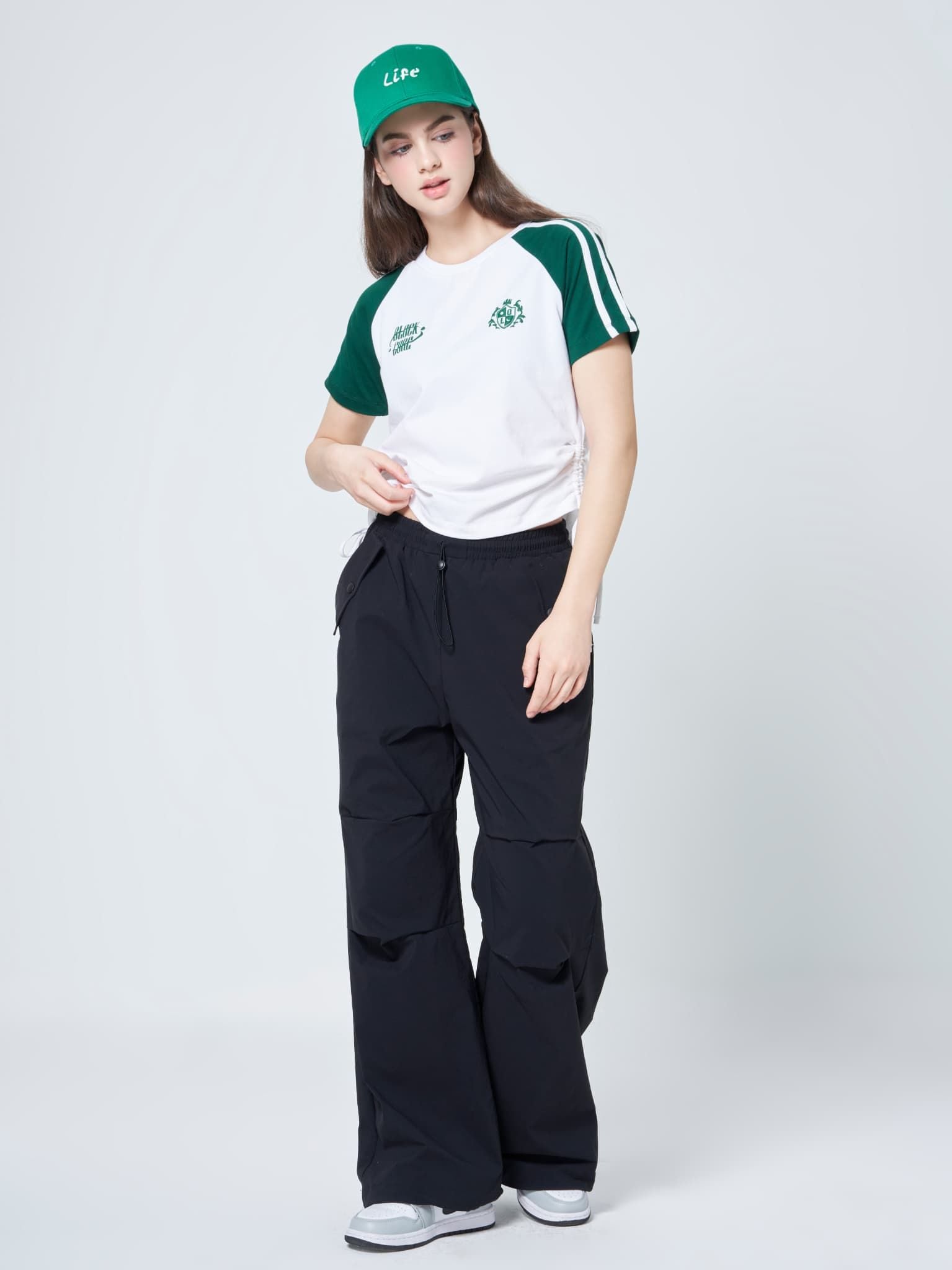 Áo thun phối tay ngắn dây rút bên hông LIMEORANGE - LO24291402 - Xanh Lá Đậm