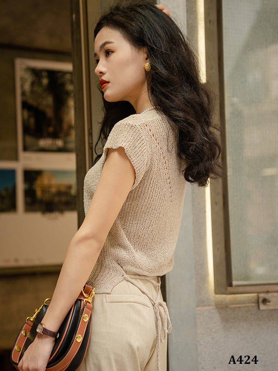  A424-Áo Len Lụa Băng Dệt V Cột Dây Lưng 