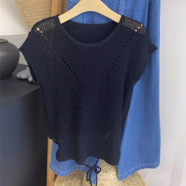  A424-Áo Len Lụa Băng Dệt V Cột Dây Lưng 