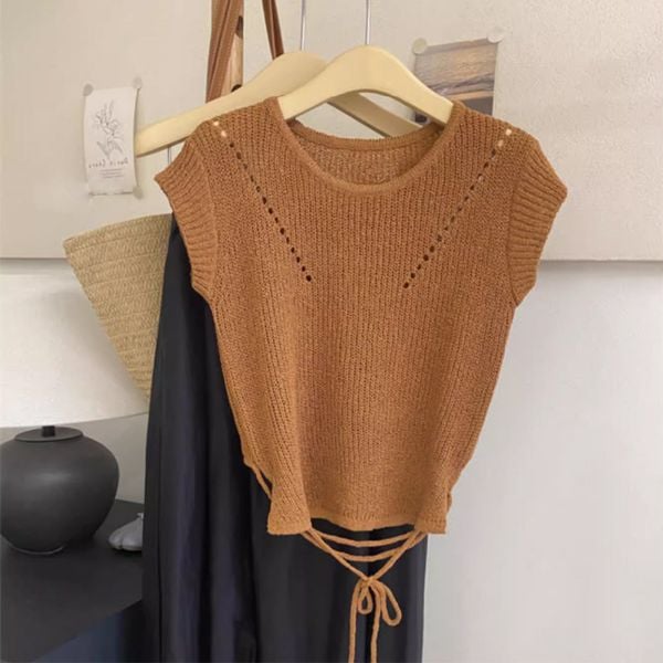  A424-Áo Len Lụa Băng Dệt V Cột Dây Lưng 