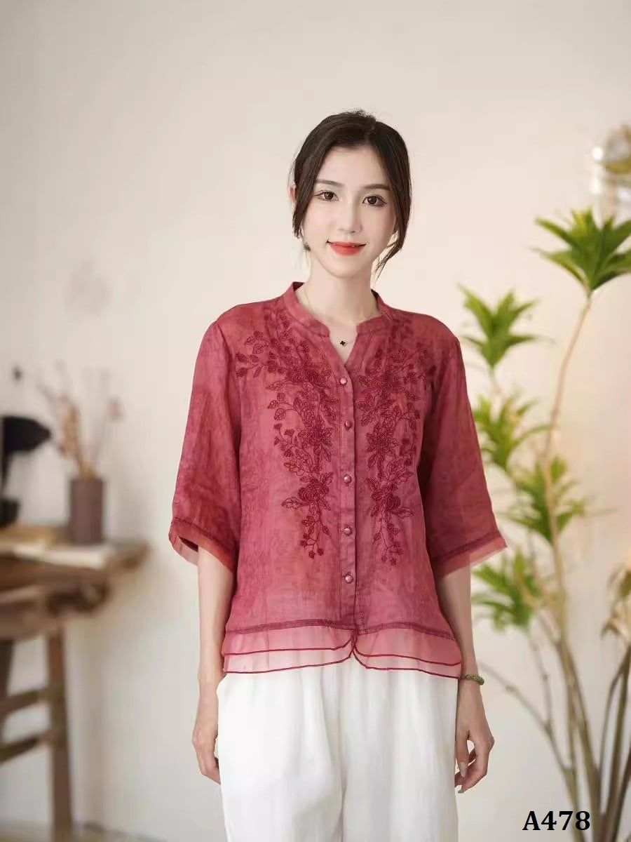  A478-Áo Ramie Cổ V Đứng Thêu Nghệ Thuật 