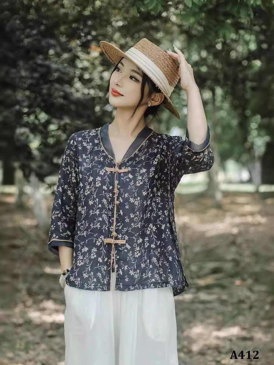  A412-Áo Ramie Tay Lỡ Nút Vải Nghệ Thuật 