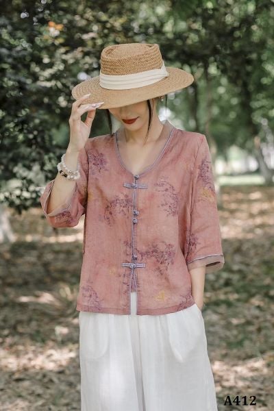  A412-Áo Ramie Tay Lỡ Nút Vải Nghệ Thuật 