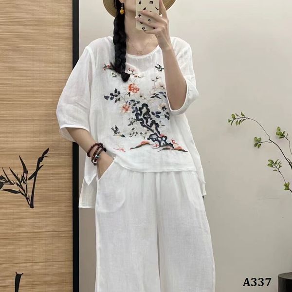  A337-Áo Ramie Thêu Phong Cảnh Chim Muôn 