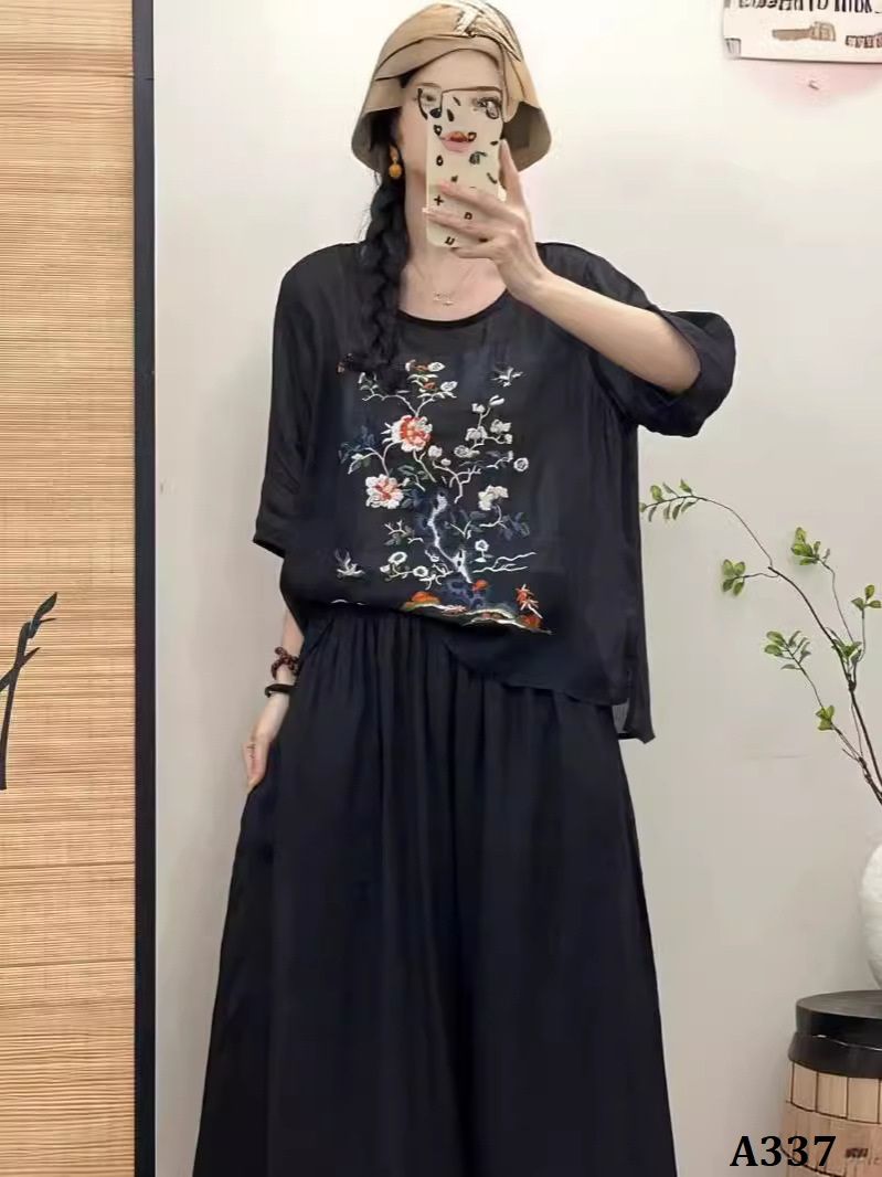  A337-Áo Ramie Thêu Phong Cảnh Chim Muôn 