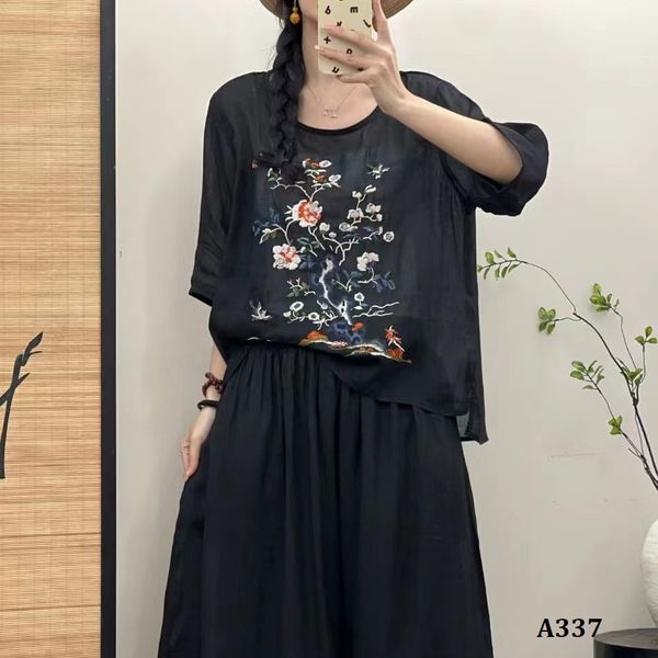  A337-Áo Ramie Thêu Phong Cảnh Chim Muôn 