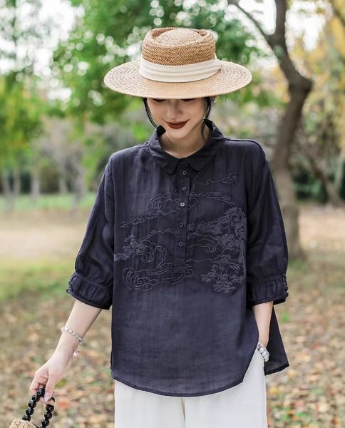  A575-Áo Ramie Tay Phồng Thêu Nghệ Thuật 