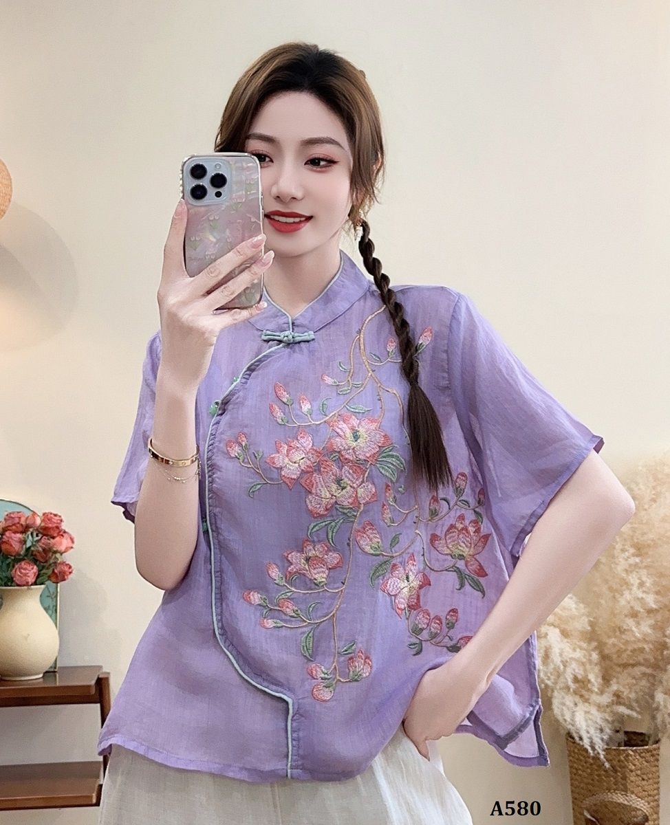  A580-Áo Ramie Thêu Hoa Nghệ Thuật Cổ Đứng 