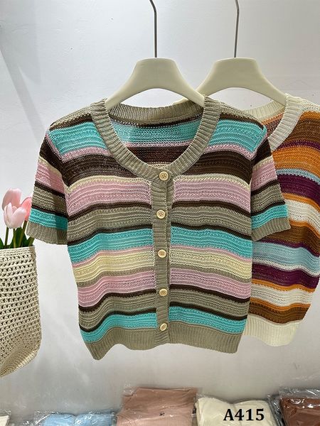  A415-Áo Dệt Kim Sọc Màu Ngắn Tay Cổ Tròn 