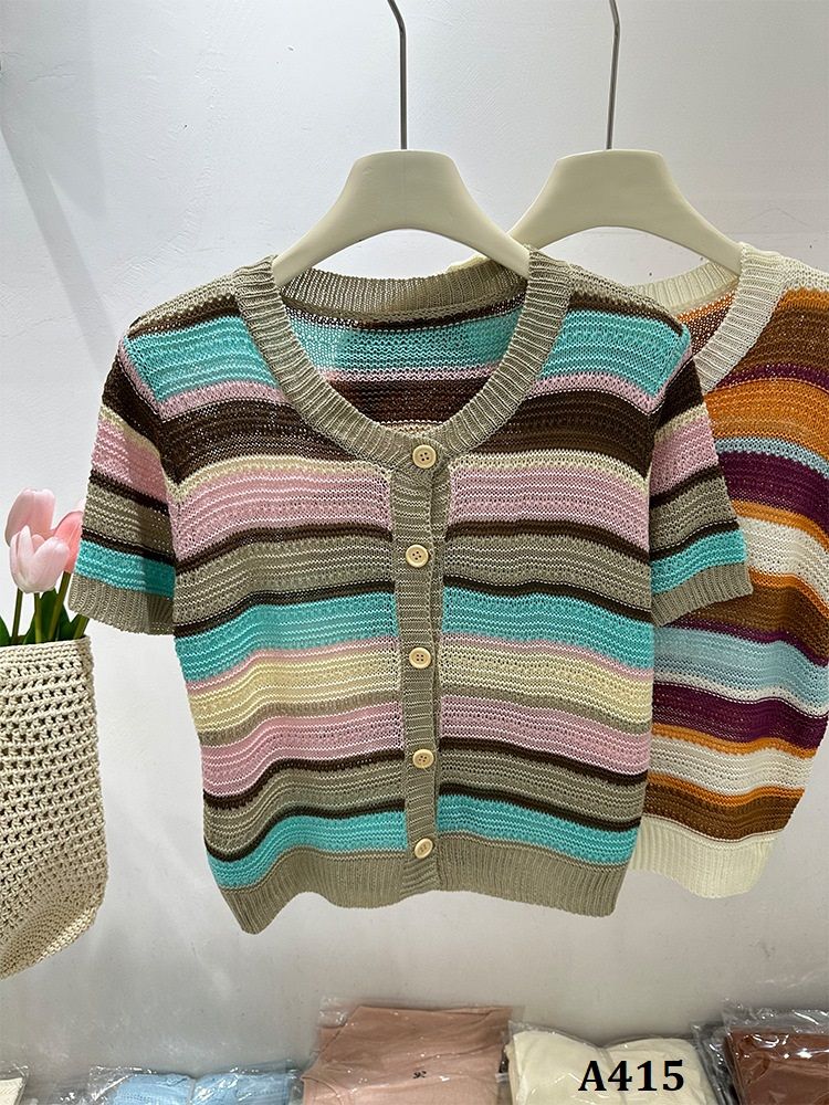  A415-Áo Dệt Kim Sọc Màu Ngắn Tay Cổ Tròn 