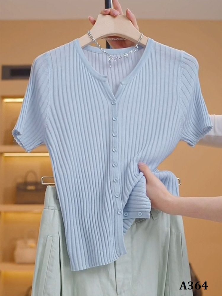  A364-Áo Len Lụa Cổ V Sọc Pháp 