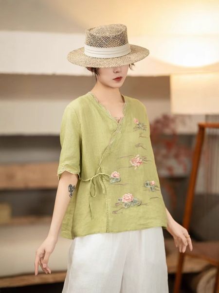  A633-Áo Ramie Thêu Hoa Thêu Viền 