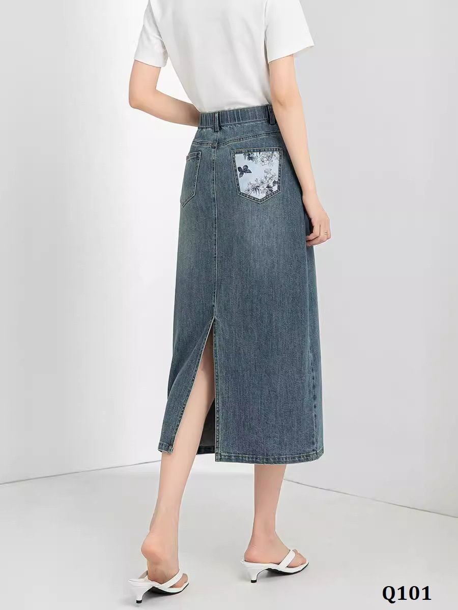  Q101-Chân Váy Jeans Túi Bướm Hoa 