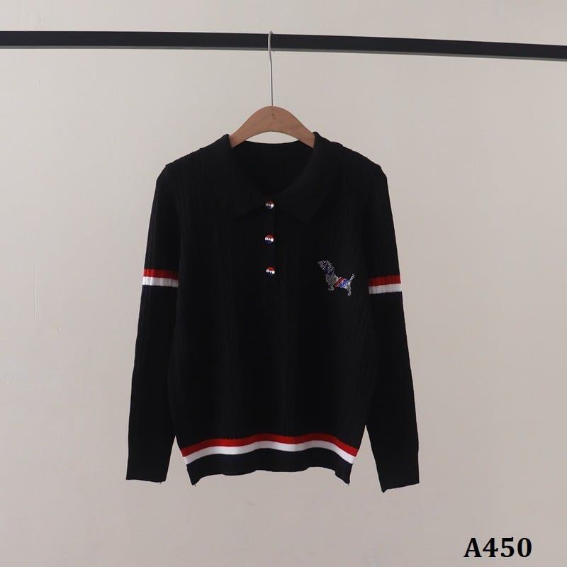  A450-Áo Len Dệt Kim Dài Tay Có Sọc Cổ Polo 