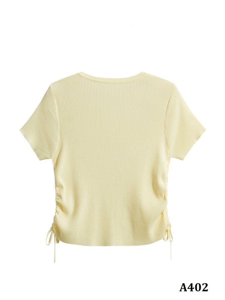  A402-Áo Len Lụa Băng Ngắn Tay Nhiều Nút Rút Eo 