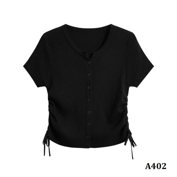  A402-Áo Len Lụa Băng Ngắn Tay Nhiều Nút Rút Eo 