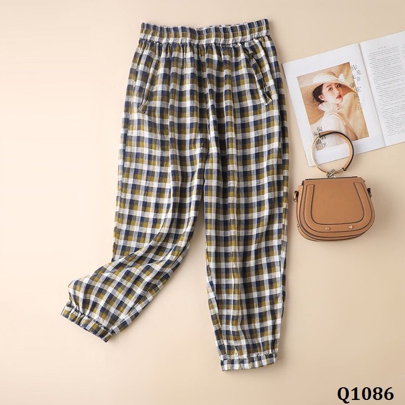  Q1086-Quần Âu Linen Caro Rộng Rãi Line Gấu 
