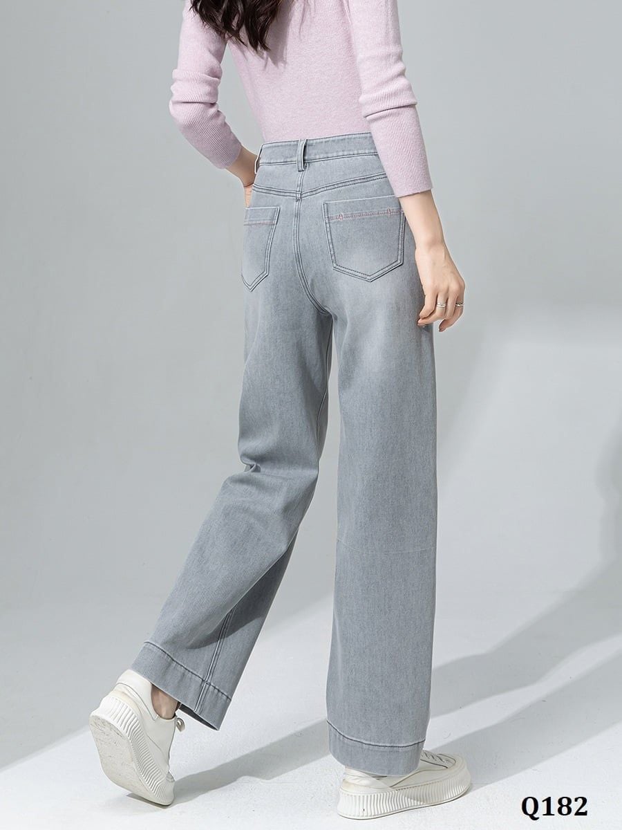  Q182-Quần Jeans Lụa Xám Ống Suông 9 Tấc Co Dãn 