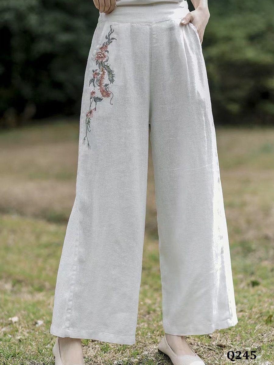  Q245-Quần Linen Ống Rộng Thêu Hoa Bên Túi 