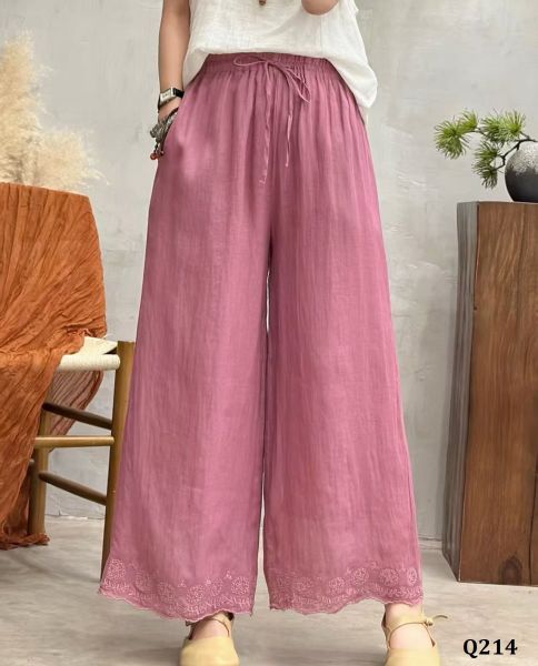  Q214-Quần Ramie Ống Rộng Lai Thêu Hoa Văn 