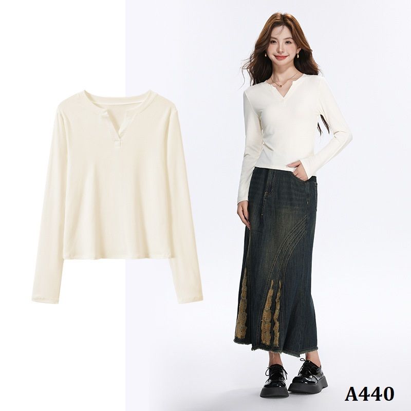  A440-Áo Len Lụa Cổ V Dài Tay 