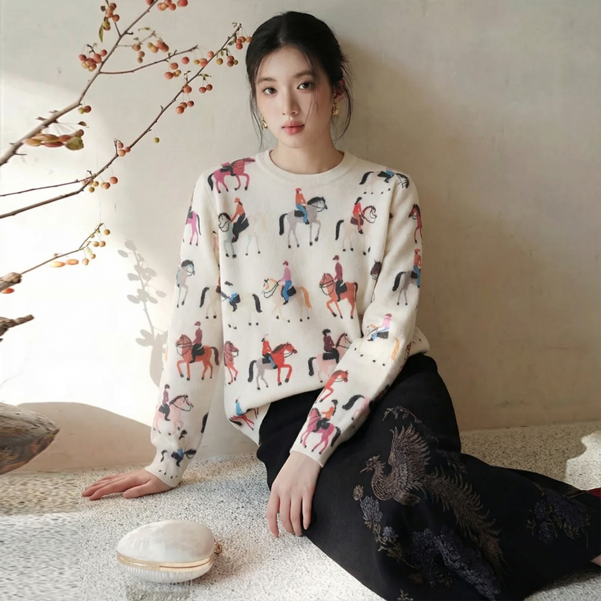  A822-Áo Len Dệt Kim Ngựa Phi Mùa Thu 