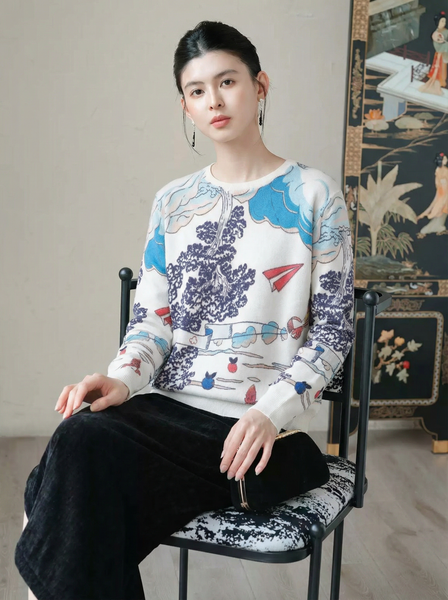  A821-Áo Len Dệt Kim Trừu Tượng Hoạt Họa Mùa Thu 