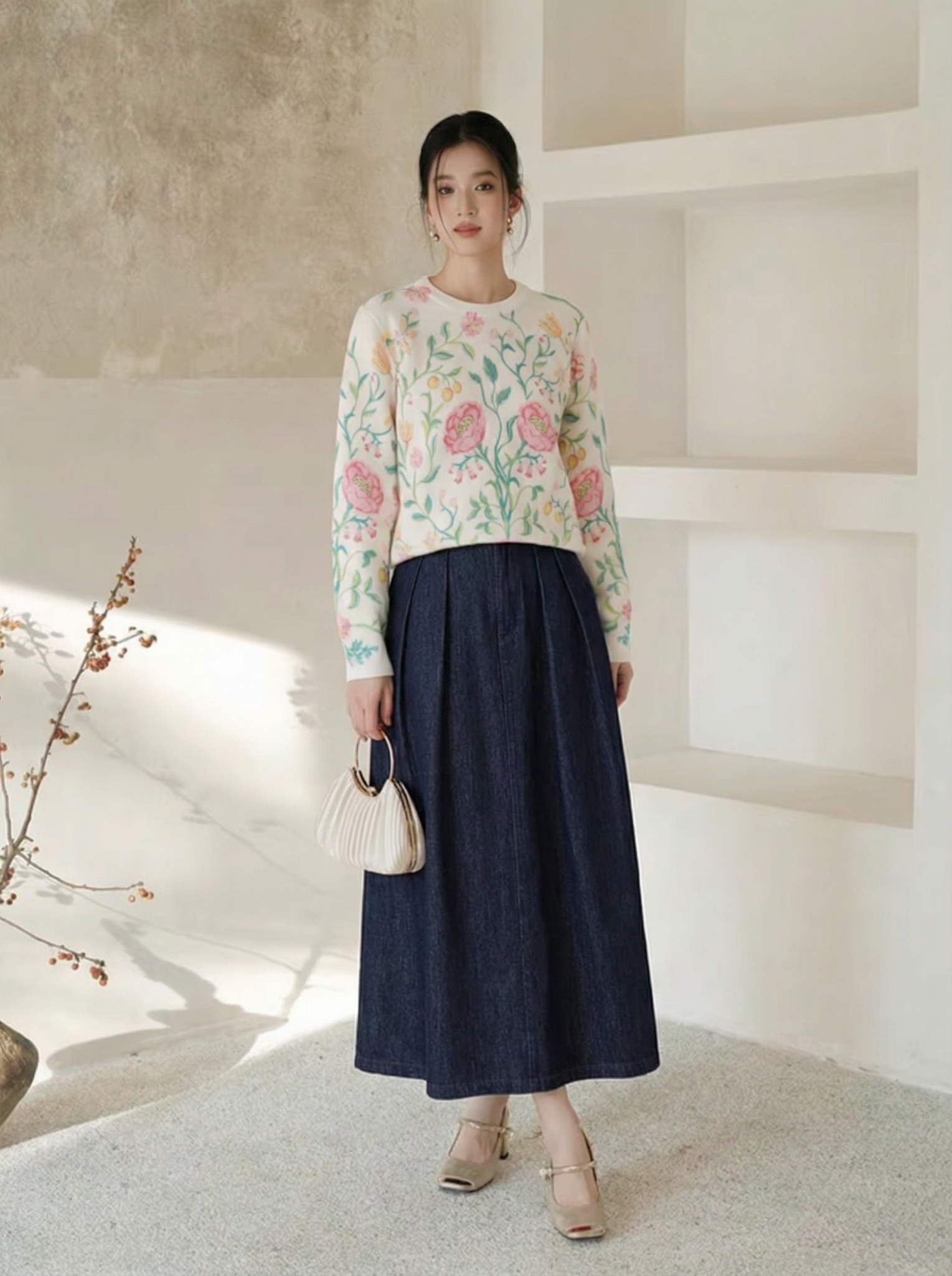  A800-Áo Len Dệt Kim Cardigan Dày Dặn Hoa Leo Mùa Thu Hàn Quốc 
