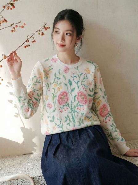  A800-Áo Len Dệt Kim Cardigan Dày Dặn Hoa Leo Mùa Thu Hàn Quốc 