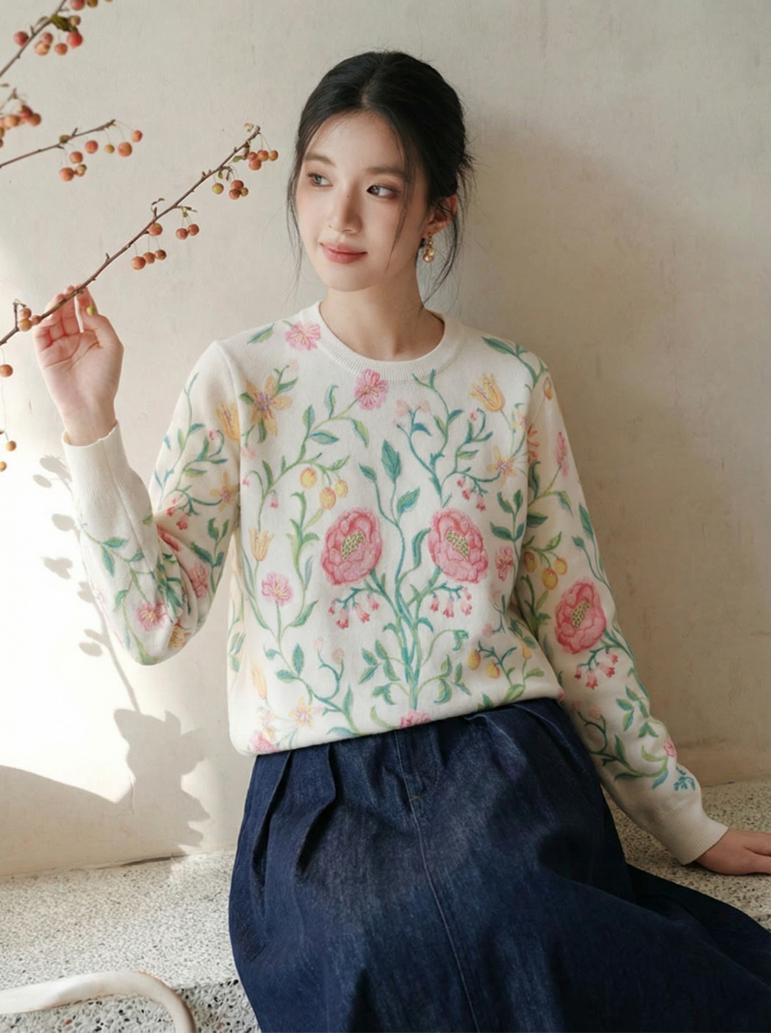  A800-Áo Len Dệt Kim Cardigan Dày Dặn Hoa Leo Mùa Thu Hàn Quốc 