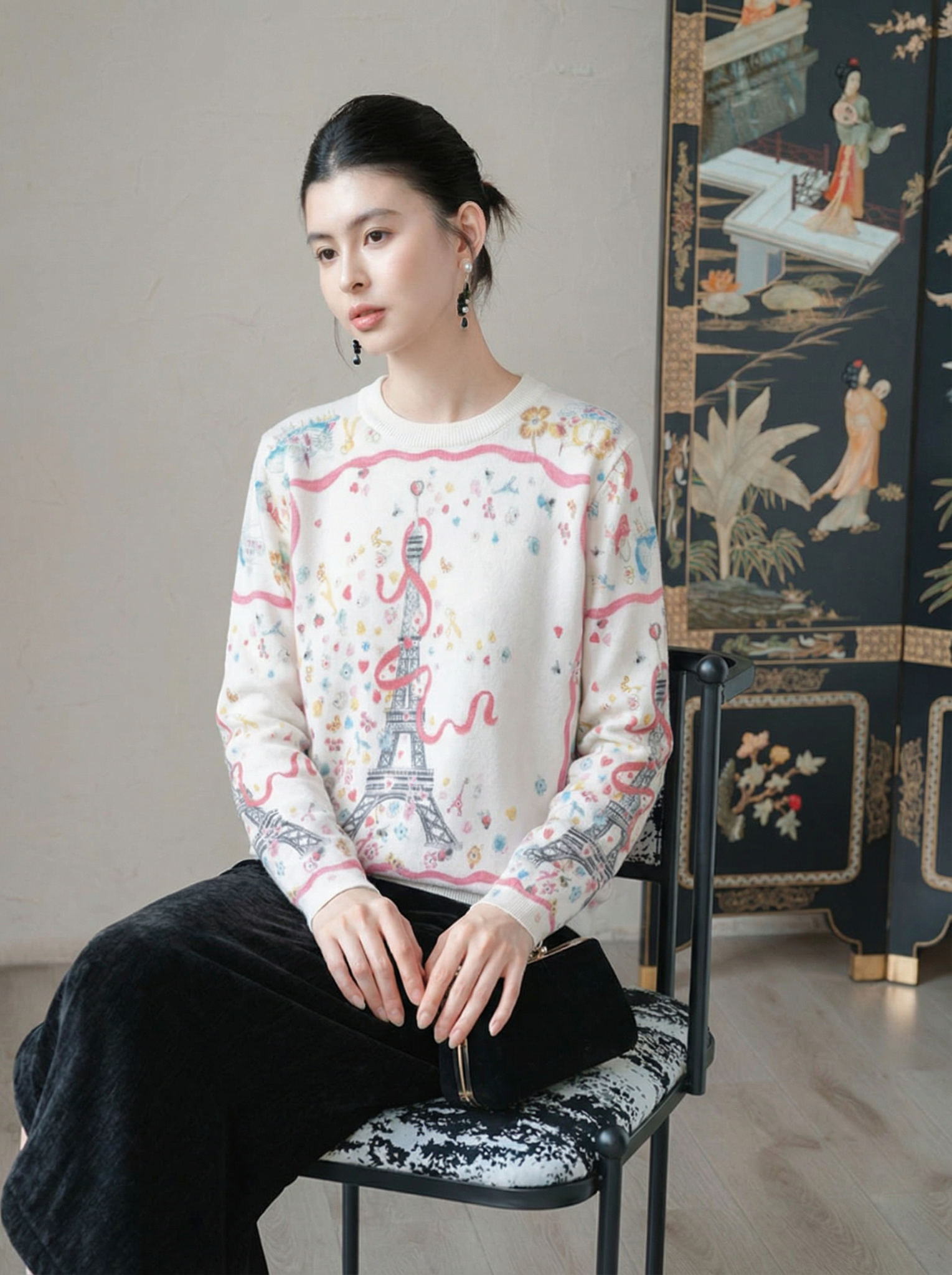  A820-Áo Len Dệt Kim Tháp Eiffel Mùa Thu 