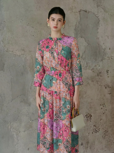  D196- Đầm Ramie Hoa Văn Ghép 