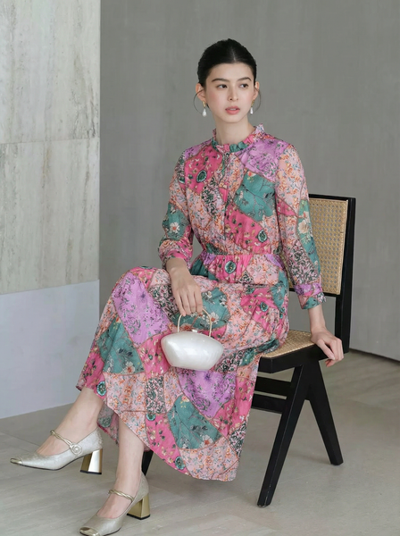  D196- Đầm Ramie Hoa Văn Ghép 