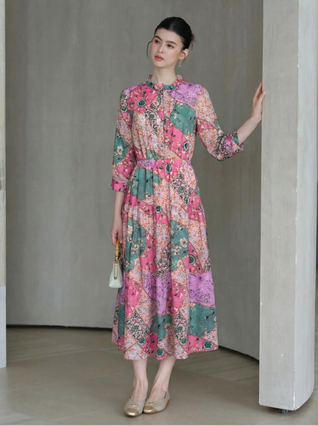  D196- Đầm Ramie Hoa Văn Ghép 